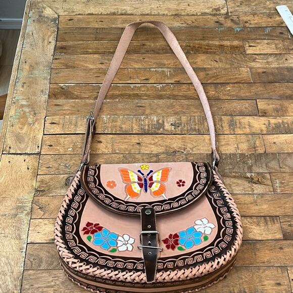 MEXICANA Handbags - Mexican Hand-Tooled Leather Crossbody Bag Butterfly & Floral Design